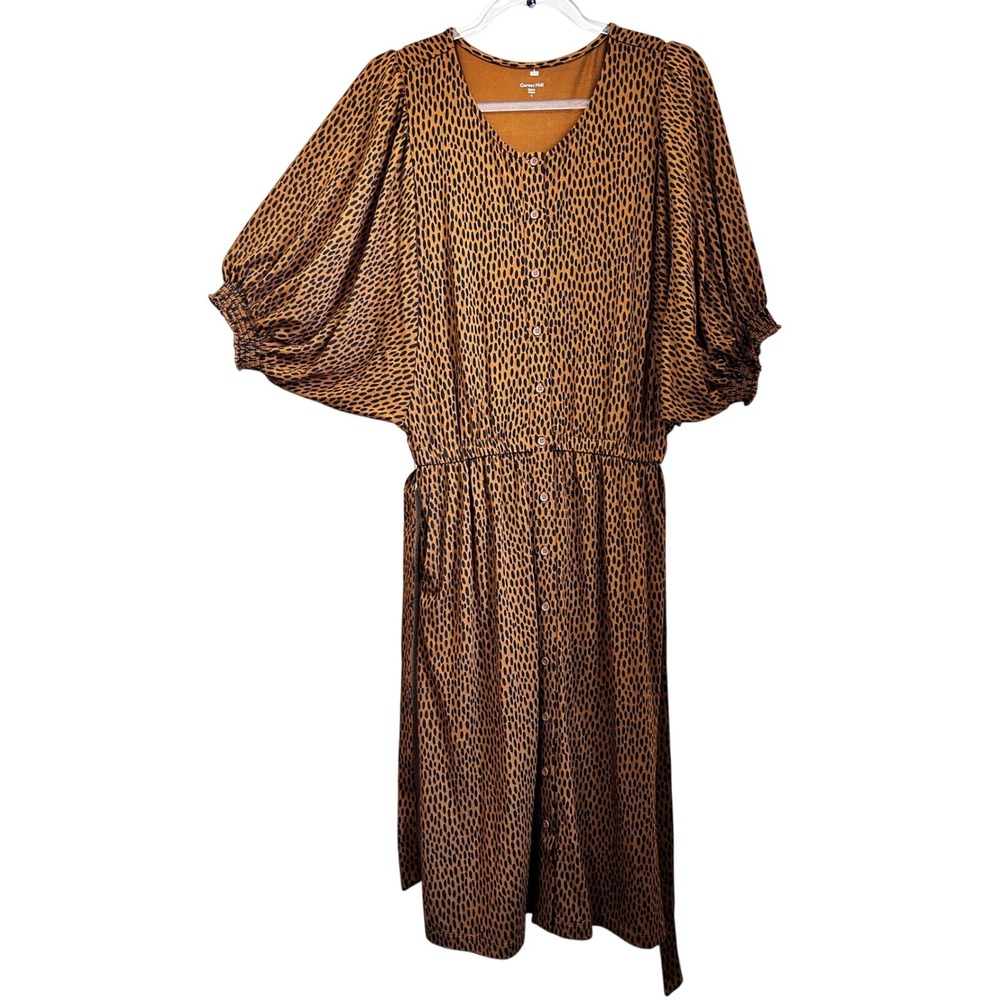 Garnet Hill Brown Midi Dress Puff Sleeve Button Small Polka Dot Artsy Twee Comfy